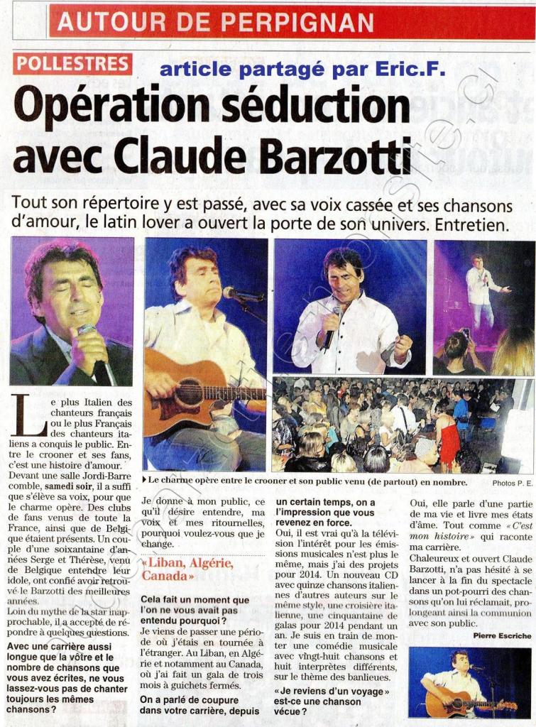 Article de presse L'indépendant concert Claude Barzotti à Pollestres le 21 septembre 2013